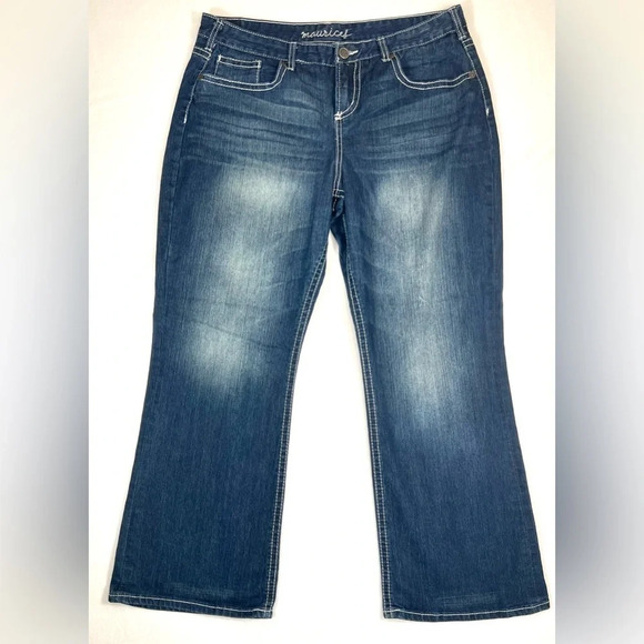 MAURICE’S Women’s Curvy Fit Boot Cut Denim‎ Dark Distressed Whiskers Jeans 13/14 - Picture 1 of 16